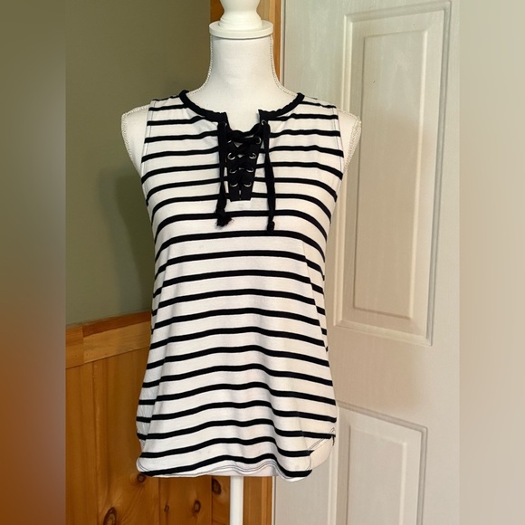 The Limited White and Blue Sleeveless Tank Top with Tie Front - Picture 1 of 12